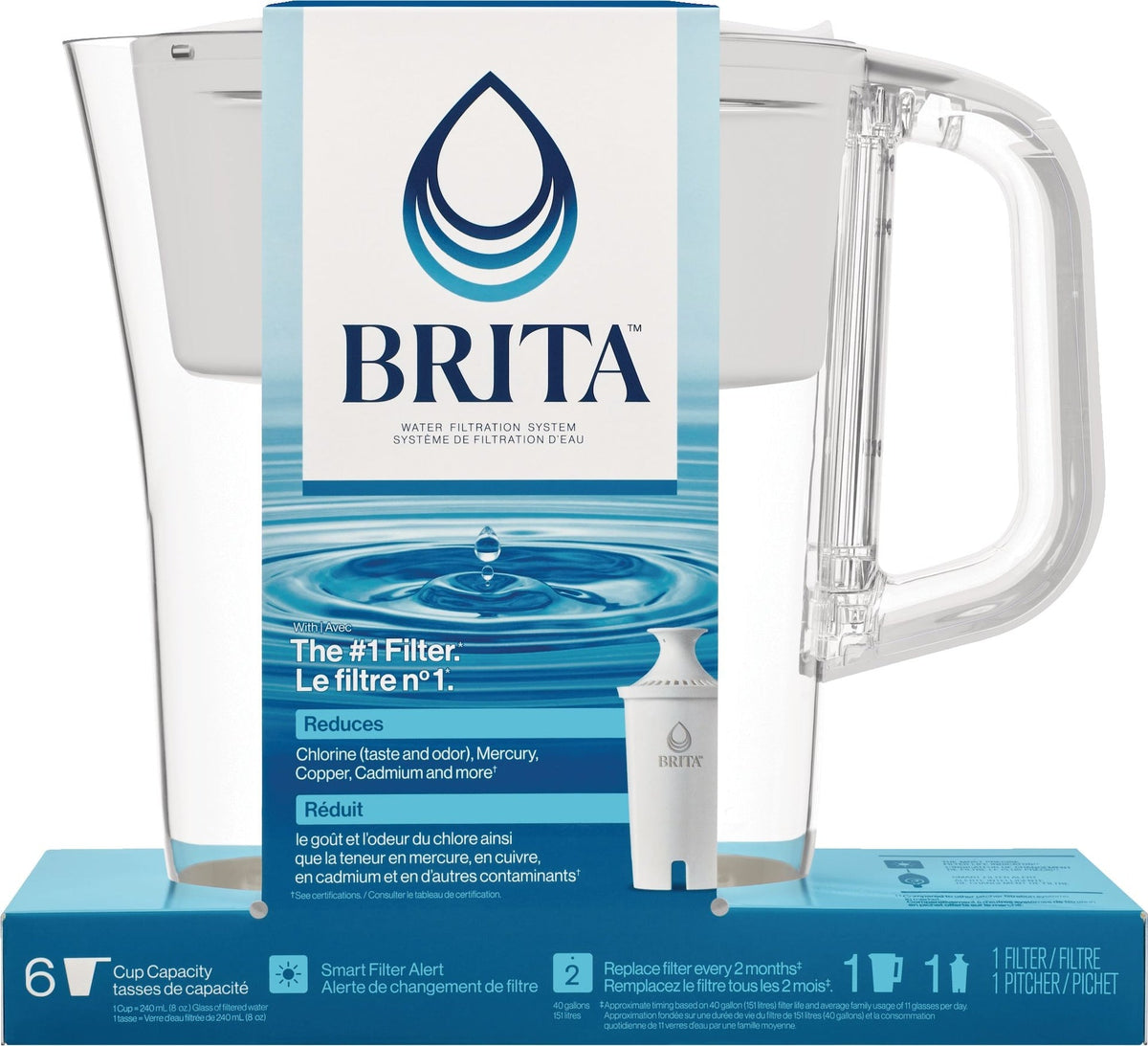 Brita Denali Water Filter Pitcher with Standard Filter, BPA Free, 6 Cup Capacity, White