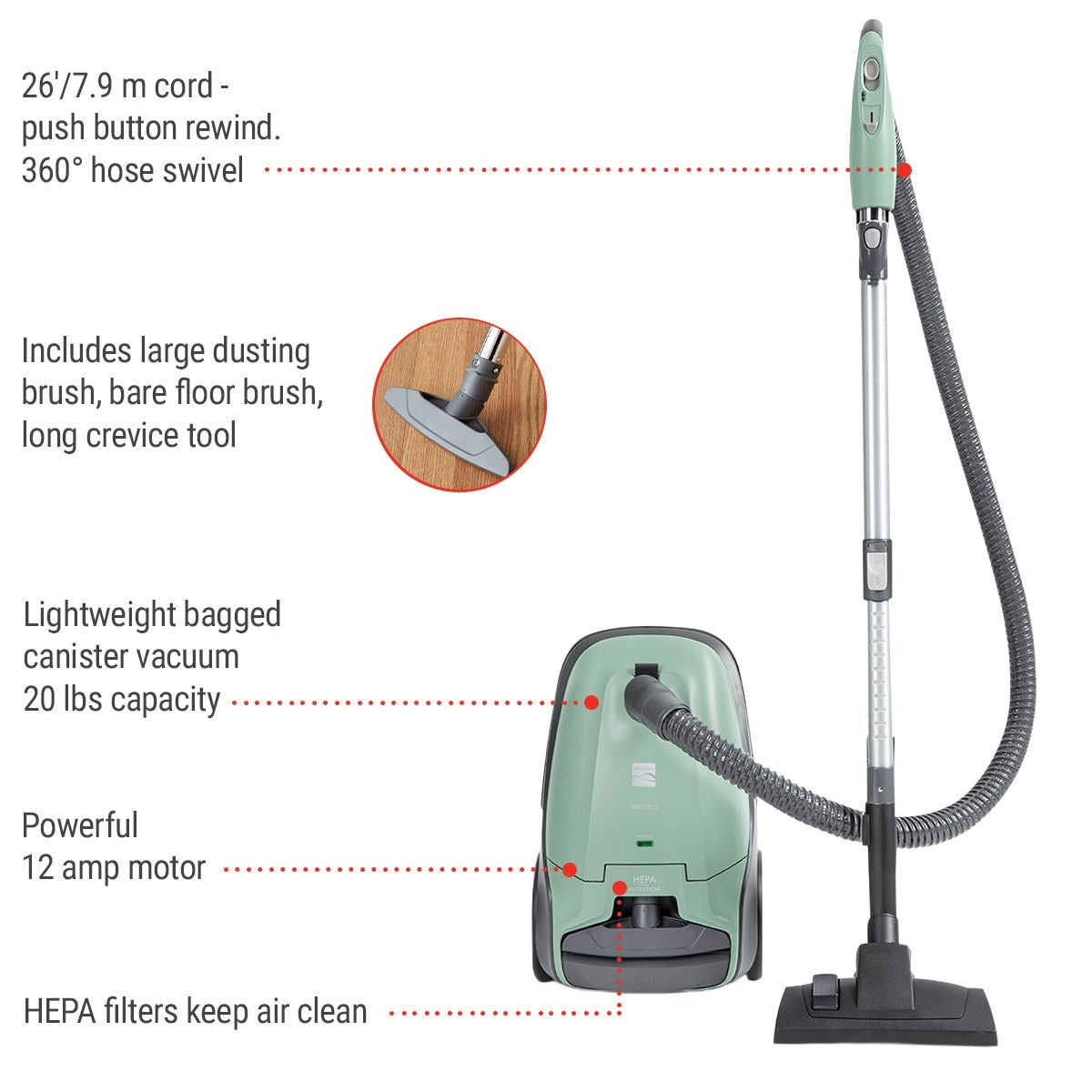 Kenmore 400 Series HEPA Multi-Surface Bagged Corded Canister Vacuum, 14-in, 12A