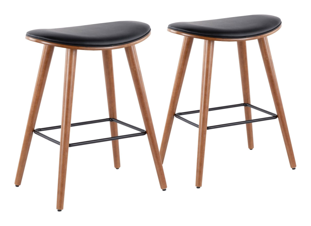 LumiSource Saddle Wood & PU Leather Seat Counter/Bar Stools (2-Piece Set), Walnut/Black