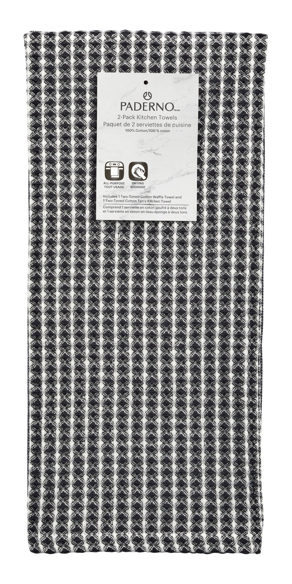 PADERNO All-Purpose Two-Tone Cotton Kitchen Towels, Black, 2-pk