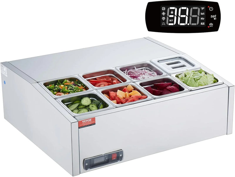 Refrigerated Condiment Prep Station, 135 W Countertop Refrigerated Condiment Station, with 2 1/3 Pans & 4 1/6 Pans, 304 Stainless Body and PC Lid, Sandwich Prep Table with Stainless Guard, ETL I4