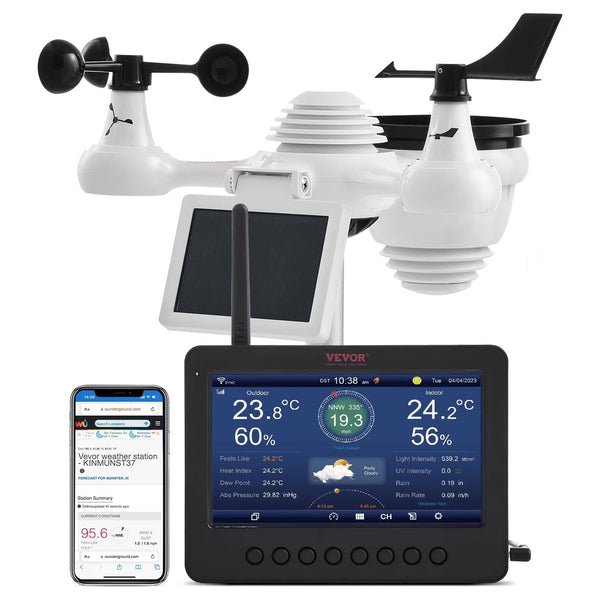 VEVOR 7-in-1 Wireless Weather Station with Wi-Fi,7 in TFT Colorful Display, Solar-Powered Outdoor Sensor, Indoor Outdoor Monitoring, Includes... D0