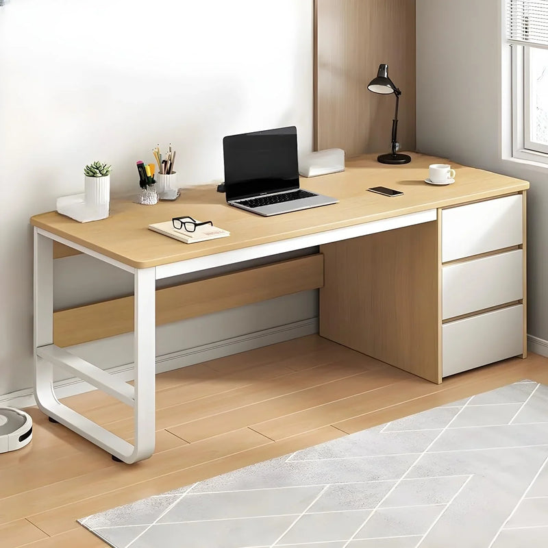 This stylish and modern office desk features an integrated cable management system, a wooden desktop, and a rectangular shape. It comes with three drawers and is ideal for both office and home use. Available in brown, it measures 63 inches in length, D9