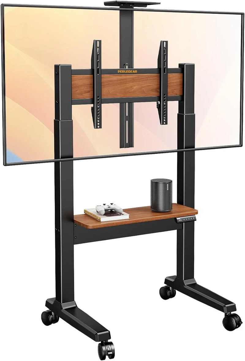 Motorized Mobile TV Stand on Wheels for 37–86 Inch TVs up to 154 lbs, Electric Height Adjustable Rolling TV Stand, VESA 200x200–600x400mm, Wooden Shelf & Panel, PGTVMC26B A0