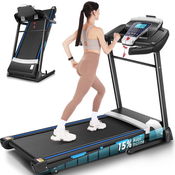 ANCHEER Folding Treadmill with 15% Auto Incline,3.25HP Ultra-silent Motor, Speed Range of 0.6~10MPH,300lb Capacity, APP Bluetooth... A1