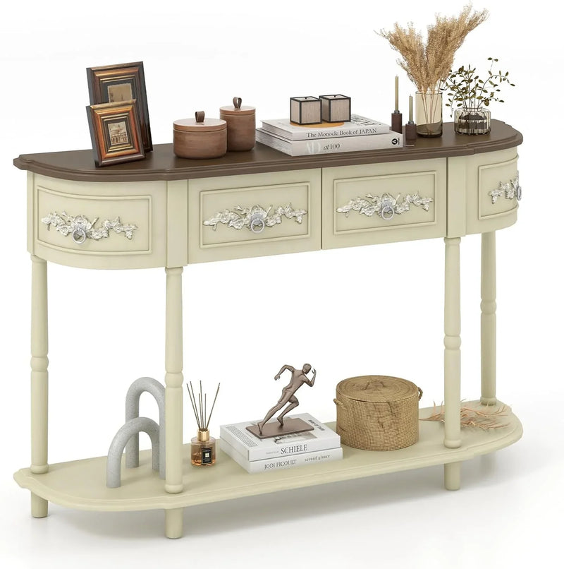 Retro game console table with drawer, 52-inch narrow sofa table with open shelves, table with storage function at the half-moon entrance, solid wood legs, entrance table for retro living room corridor, beige color scheme Y3