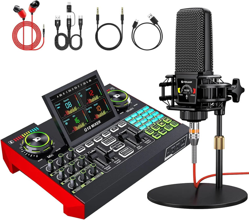 Podcast Equipment Bundle,with 3.5mm Condenser Microphone & Live Sound Card - Audio Mixer for Streaming, PC/Mobile Live Singing, Gaming Content Creators, Soundboard with USB Computer Interface R5