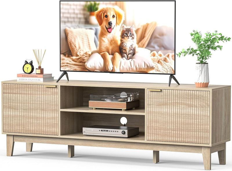 70" TV Stand for Living Room, Fluted Mid-Century Modern TV Console for TVs up to 80 inch, Farmhouse Entertainment Center with 2 Storage, Media Console Table for Living Room, Oak F4