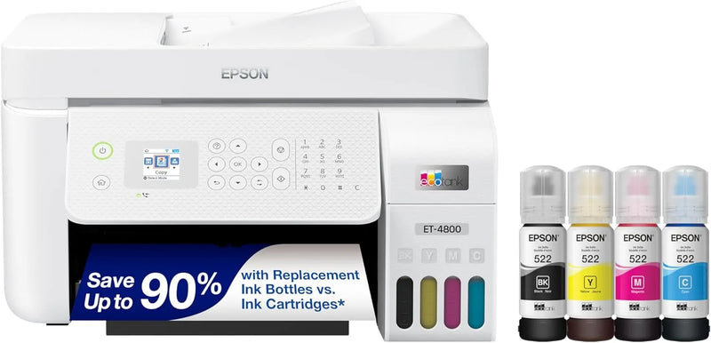 Epson EcoTank ET-4800 Wireless All-in-One Inkjet Printer, Scanner, Copier, Fax, ADF, Ethernet, White T2