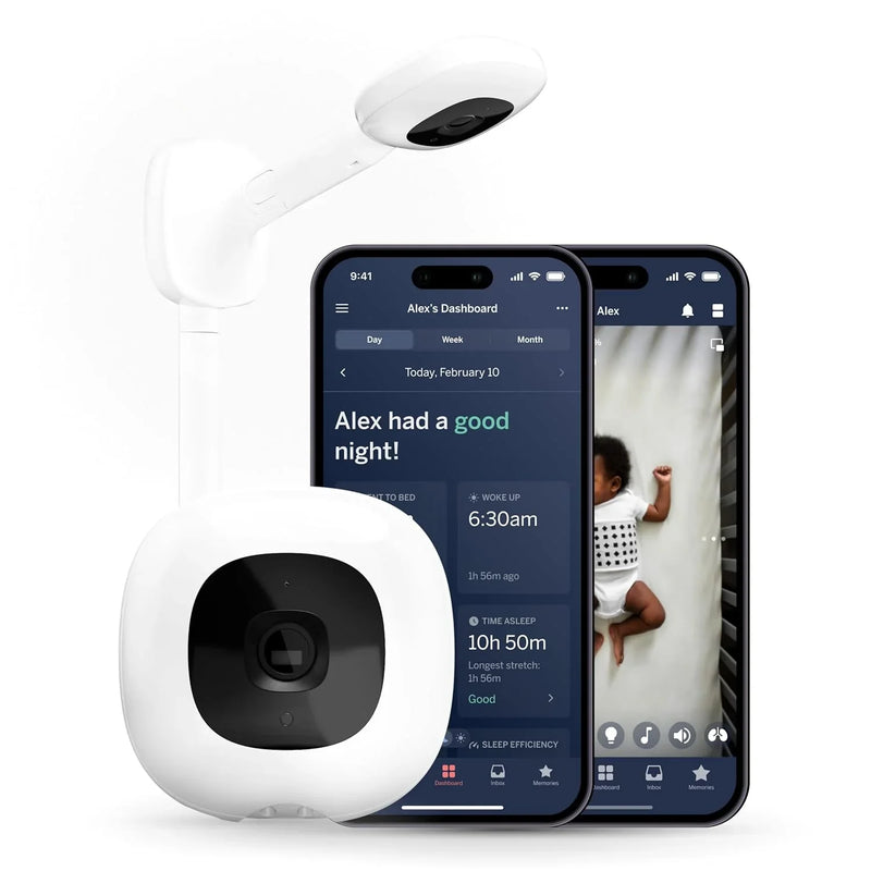 Smart baby monitor and wall-mounted device - 1080p security Wi-Fi video camera, sensor-free sleep and breathing motion tracker, two-way audio, sound and motion alerts, night vision function, breathing band - white Q5