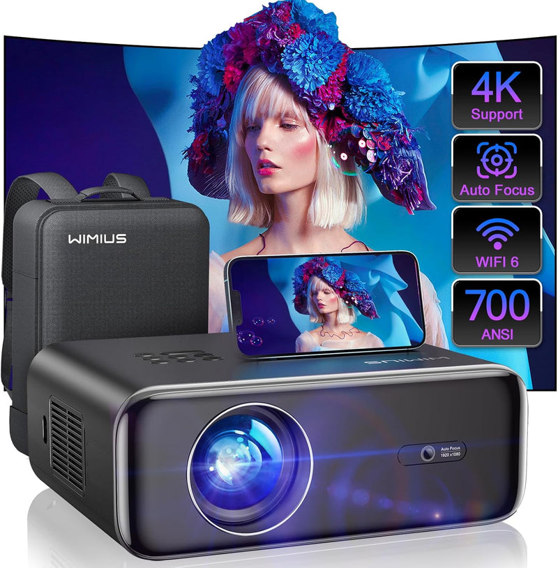[Auto Focus/4K Support] Projector with WiFi 6 and Bluetooth 5.2, 700ANSI Native 1080P Outdoor Movie Projector, WiMiUS P62 Auto 6D Keystone & 50% Zoom, Smart Home Projector for iOS/Android/TV Stick H1