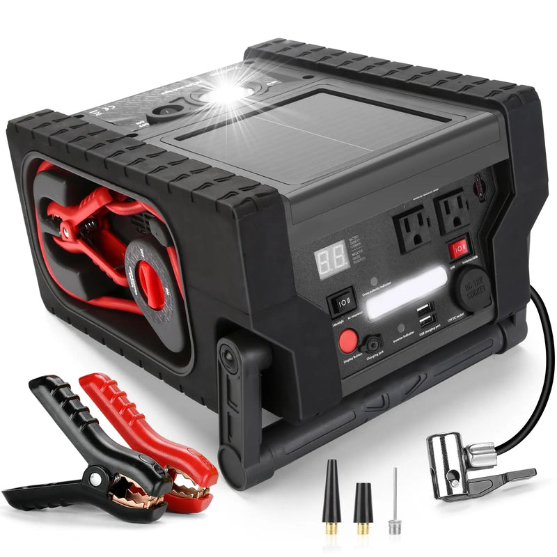 ZD-529 Solar Portable Power Station 2000 Amps Jump Starter, 260 PSI Air Compressor, 12V Car Battery Charger with 400W Inverter Dual AC/DC/USB Output, Emergency Backup Power with Flashlights N0
