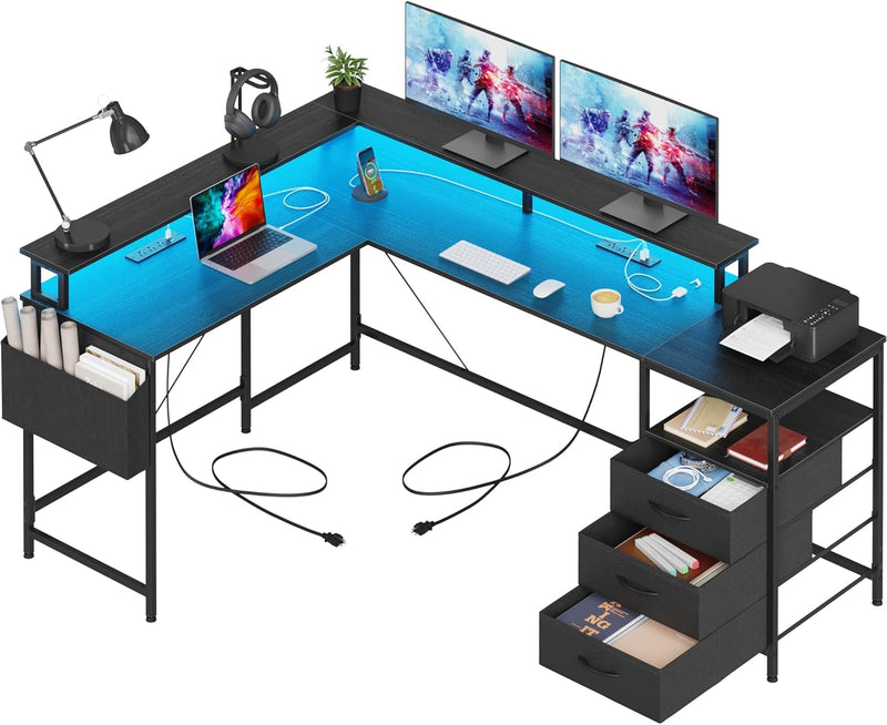 3 Drawers L Shaped Desk 63 Inch, 2 Power Strips (6 AC) and LED, Large Gaming Desk & 2 Monitor Stands, L Shape Computer Desk, Stable and Sturdy Home Office Desk, Fabric Drawers, Black E8