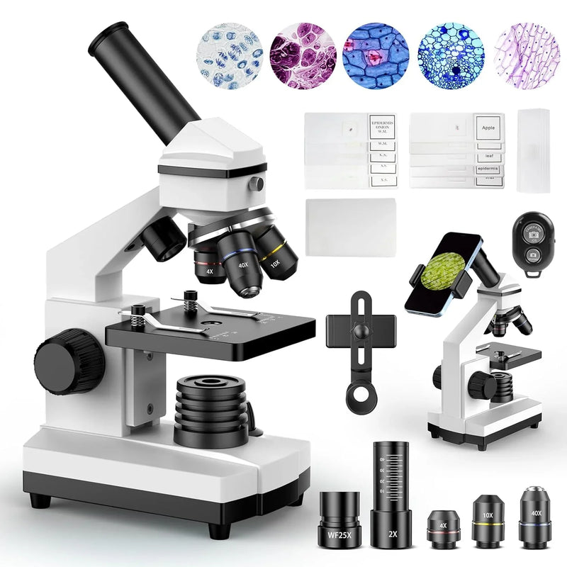 Compound Microscope for Adults & Kids - 100X-2000X High-Power Biological Microscope for Students, School Lab & Home Education, with Slides Set & Phone Adapter (White) N6