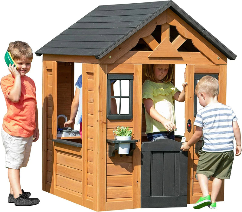 Children's playhouse cabin, equipped with a game kitchen, snack bar, half-door, toy phone, windows, flower pot stand and an operable doorbell, suitable for creative outdoor games. P6