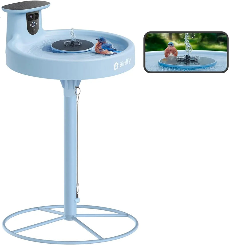 Smart Bird Bath, equipped with a camera, solar power supply, fountain and stand. It features a dual-lens camera for bird observation, automatically captures bird videos and has motion detection functionality. C5