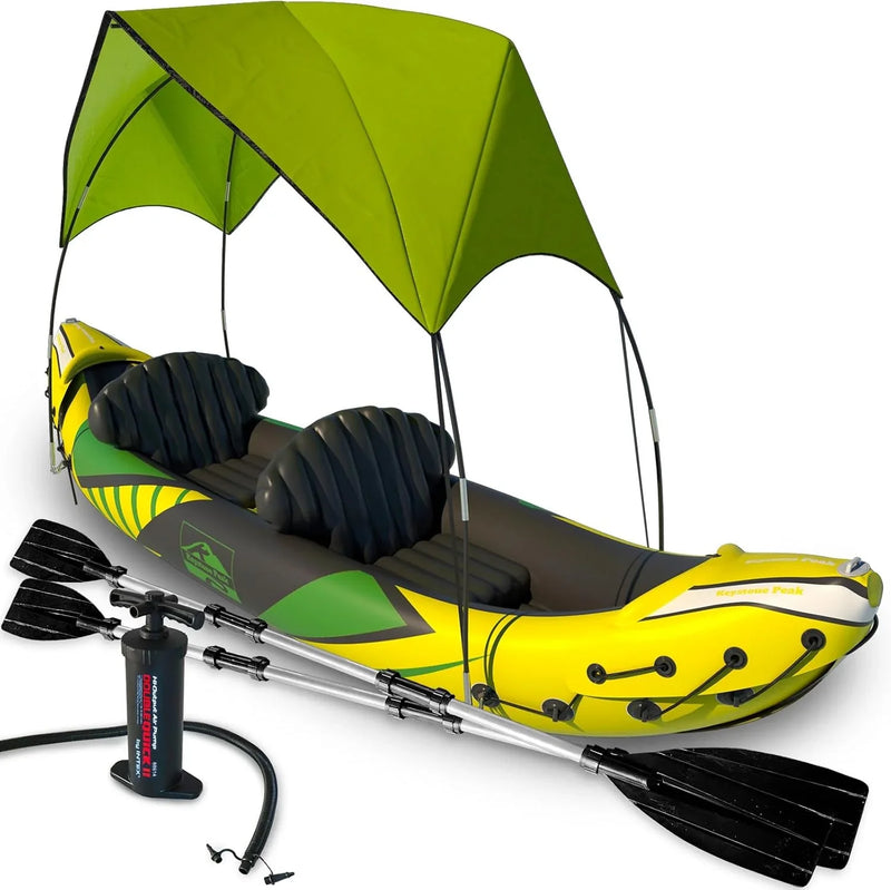Inflatable Kayak 2 Person with Sun Canopy (Detachable) Kayaks for Adults 3rd Seat for Dog/Child Waterproof Phone Bags Adjustable Seats Kayak Backrests & More New 2024 Yellow Green C3