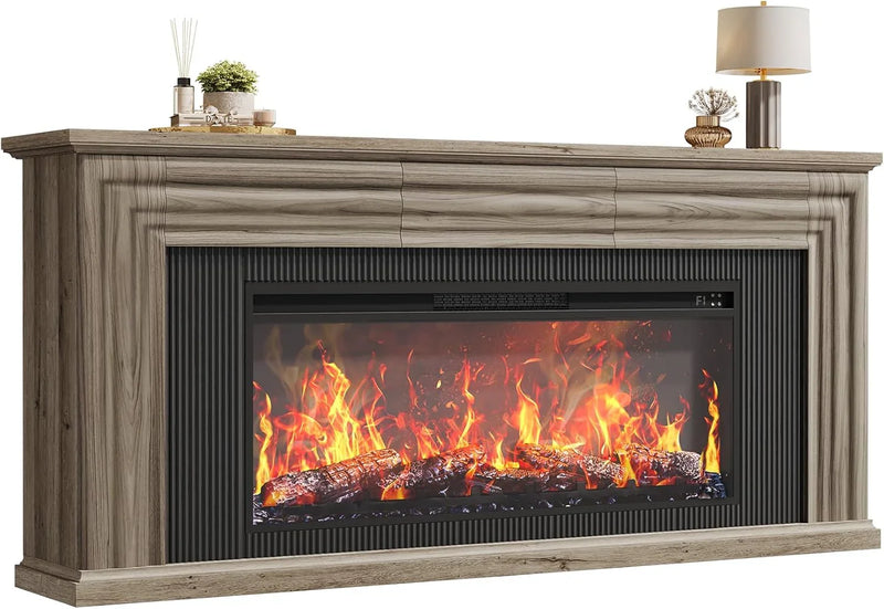 75-inch wall-mounted TV cabinet, rustic modern entertainment center with fireplace, 70-inch media cabinet with 3 drawers, featuring a recessed design, suitable for the living room, black version P1