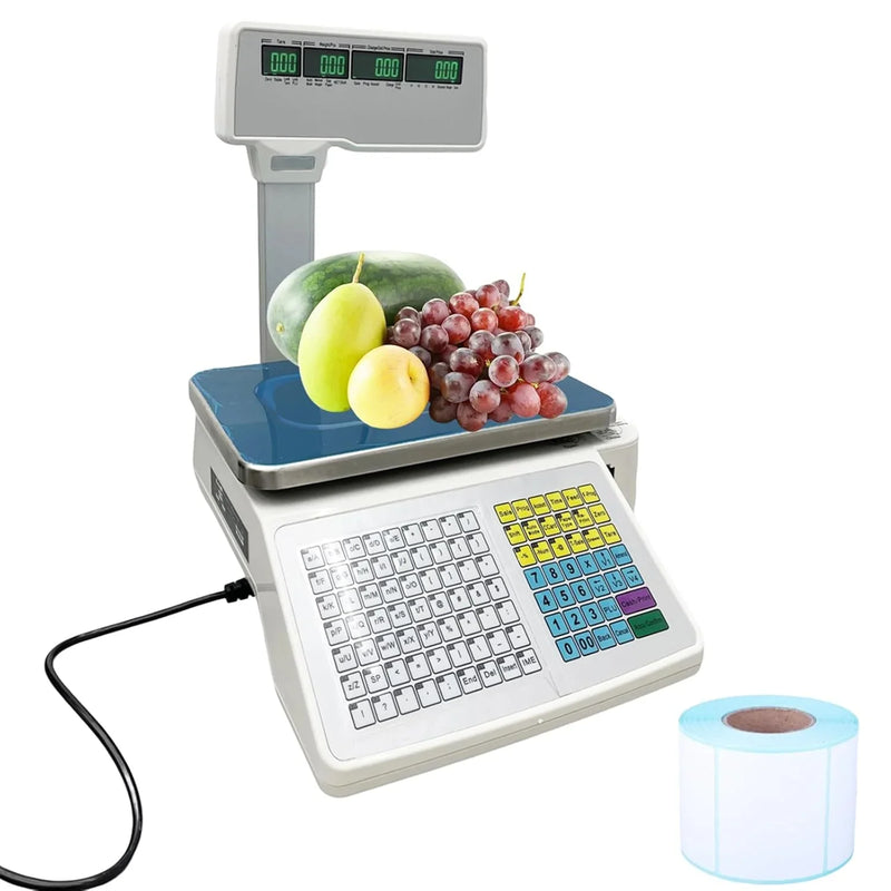 Commercial digital scale, equipped with thermal printer, 4 window vertical double-sided LCD display, capable of printing labels, maximum load capacity of 66 pounds, 110 volts, portable, suitable for storage areas, restaurants, bakeries Z5