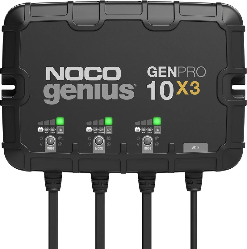 Three sets of batteries, 30-ampere built-in battery charger - Each set consists of 10-ampere, 12-volt waterproof marine charger, featuring overcharge protection and temperature compensation functions - Suitable for lead-acid batteries and lithium bat D7