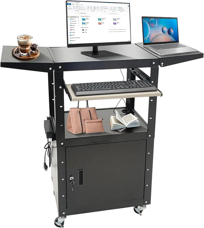Upgraded AV Cart, Adjustable-Height Steel AV Cart with Locking Cabinet and Pullout Keyboard Tray, Rolling Media Cart with Wheels & Power for Computer Laptop Projector Printer (Black/43"x18"x43") D1
