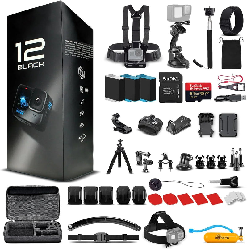 Equipped with a 50-piece accessory kit, 2 spare batteries and a 64GB memory card - a waterproof action camera - 5.3K HDR, 27 million pixels of photos, 1/1.9-inch sensor, live streaming function, webcam, and shake-proof function J7
