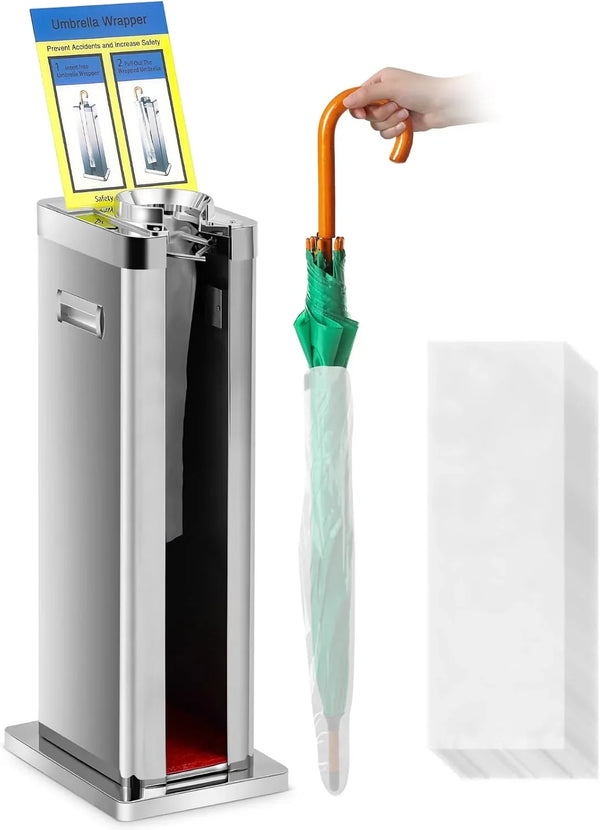 Automatic wet umbrella packaging machine, stainless steel single-slot umbrella bag distributor bracket, equipped with 1000 long umbrella bags and warning signs, suitable for commercial shopping centers, hotels, in silver color. L0