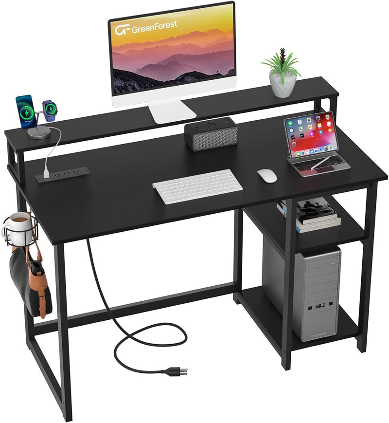 47 inch Computer Desk with Power Outlets, Small Home Office Desk with Ergonomic Monitor Stand, Reversible Gaming Desk, Modern Study Desk, Laptop Desk, White E9