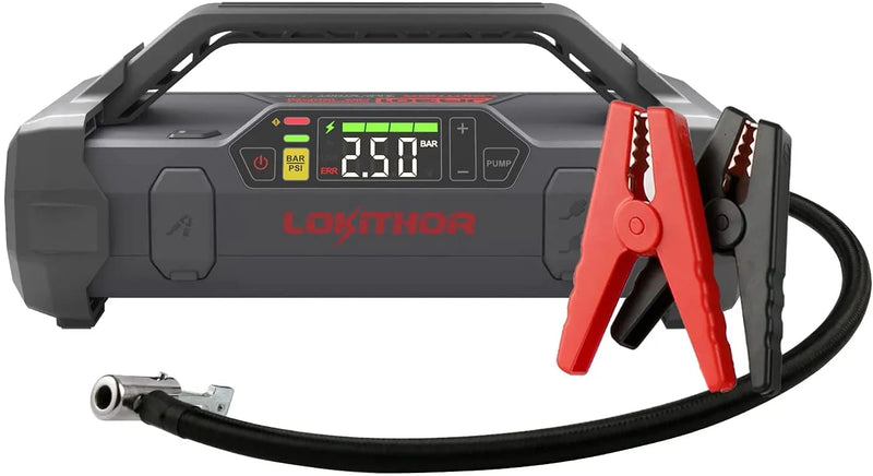 Jump Starter 2000Amp 20000mAh 12V Car Battery Booster Pack for Upto 8L Gas or 6L Diesel, 150 PSI Air Compressor with Damping Technology,Portable Power Bank with Handle Bar and Emergency Light E0