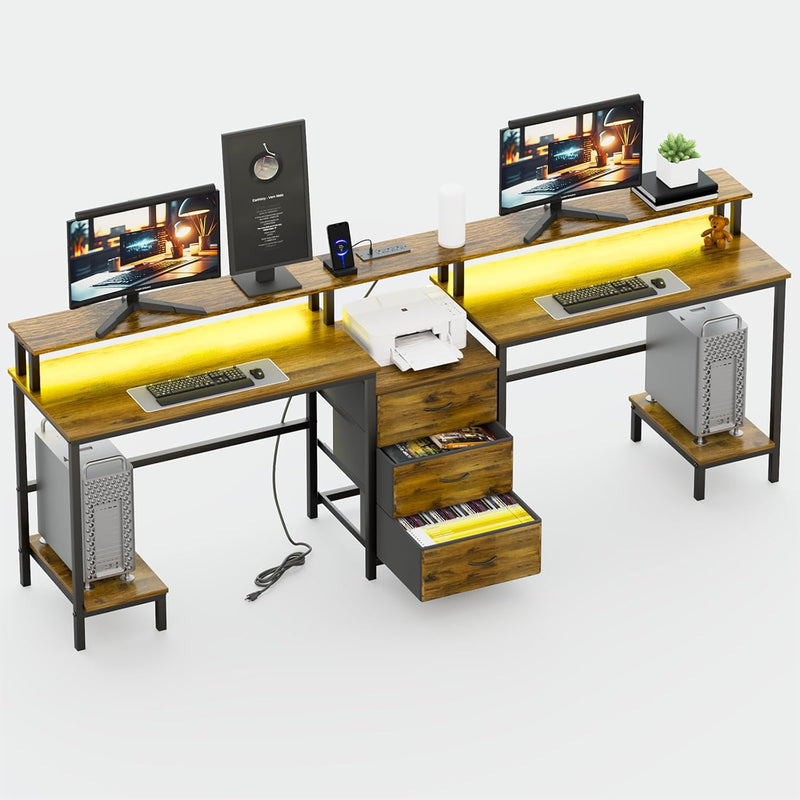 2 Person Desk with LED Lights & Charging Station – Long Desk for 2 with Storage Drawers, Monitor Riser, USB Ports & Outlets – Modern Study Table or Workstation for Home Office D4