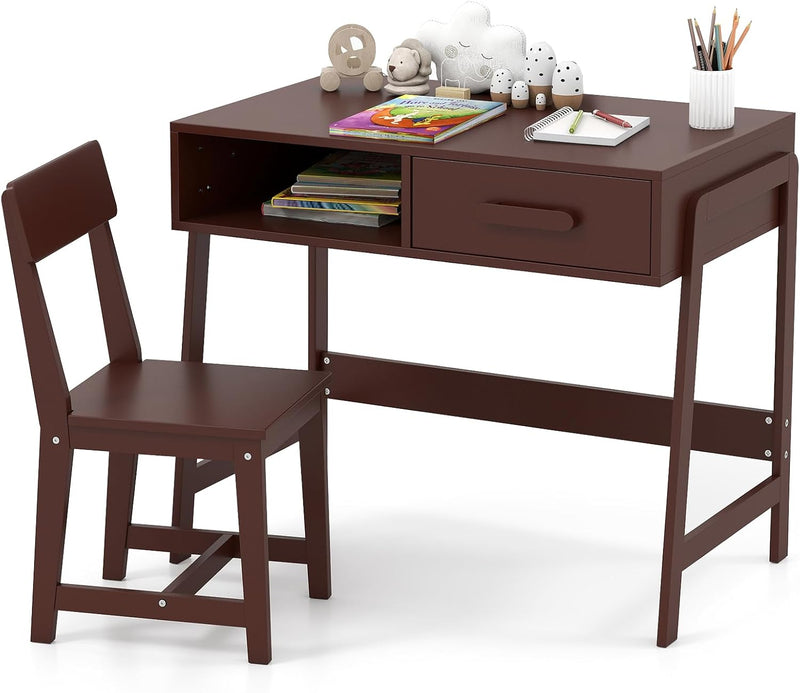 Kids Desk and Chair Set, Wooden Children School Study Table and Chair w/Storage Drawer & Hutch, Student Writing Desk Computer Workstation for Bedroom, Gift for 3 Years Old (White) W0