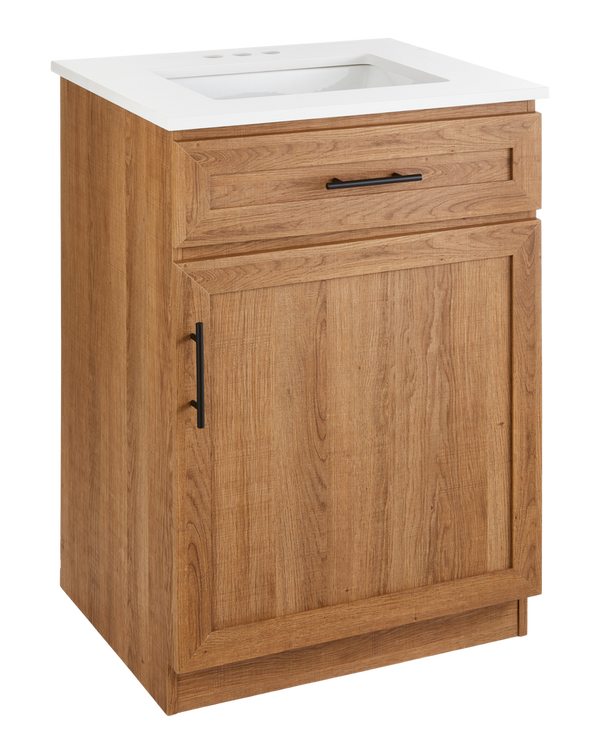 CANVAS Danville Single Door Single Sink Stone Top Bathroom Vanity, Honey Oak, 24-in O0