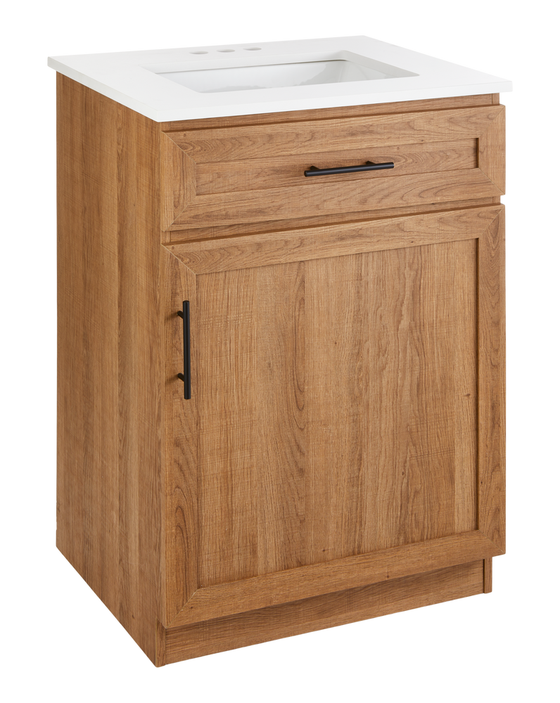 CANVAS Danville Single Door Single Sink Stone Top Bathroom Vanity, Honey Oak, 24-in O0