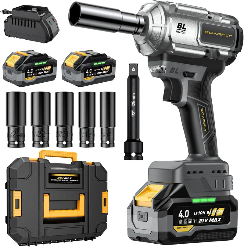 Cordless Impact Wrench, 1200Nm(900ft-lbs) High Torque 1/2'' Impact Wrench, 21V Brushless Electric Impact Gun with 2Pcs 4.0Ah Batteries, 1 Hour Fast Charger, 5 Sockets, Power Impact Driver for Car Home F1