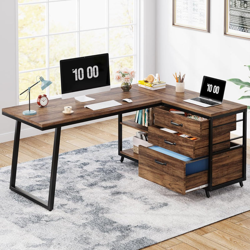 L-Shaped Computer Desk with 3 Drawers, Reversible Corner Home Office Desk with Shelves, 53-Inch Industrial PC Desk Study Writing Table Workstation for Small Space, Rustic Brown K5