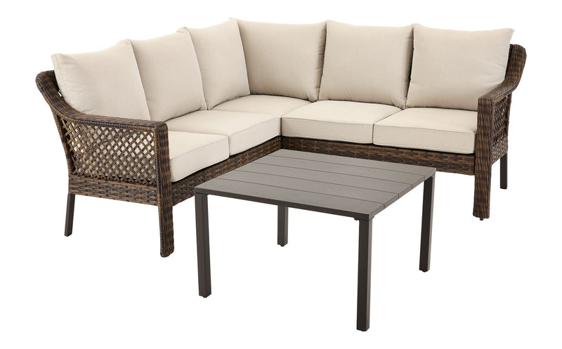 FOR LIVING Bracebridge All-Weather Wicker Outdoor Patio Sectional with Woodgrain Steel Table Top, Brown, 3-pc A0