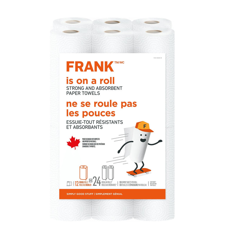 FRANK Double Roll Paper Towel, 2-ply, 12-pk, Ultra Absorbent F5