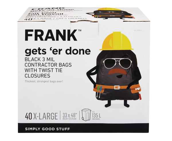 FRANK Extra-Large Twist-Tie Contractor Garbage Bags, 40-pk, Black, 135-L H8