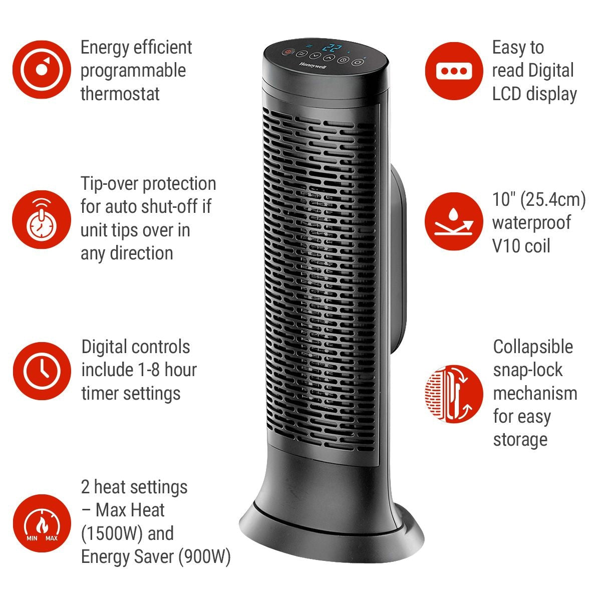Honeywell HCE352C Digital Tower Ceramic Space Heater withThermostat, 1500W, Black