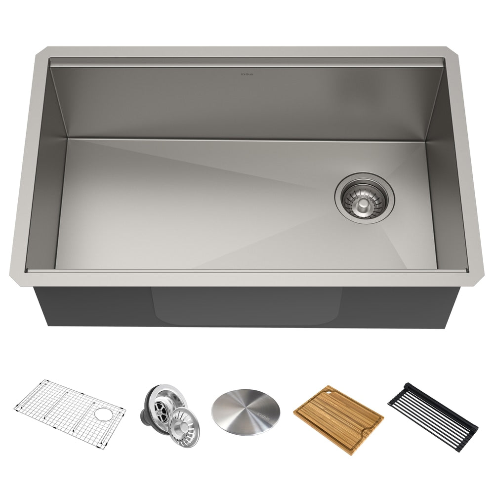 Kraus Kore Undermount Stainless Steel Single Bowl Kitchen Sink with Add-Ons, 30x19x11-in
