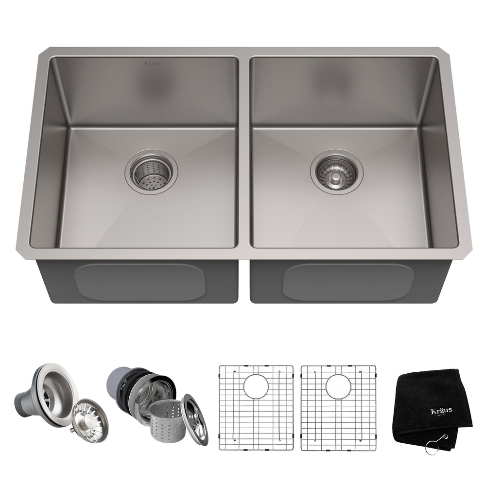 Kraus Standard PRO Undermount Stainless Steel Double Bowl 50/50 Kitchen Sink, 33x19x10-in