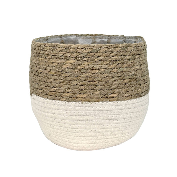 Lynne Weave Cotton Jute Round Basket Planter with Leaf-Proof Plastic Lining, 10-in R2