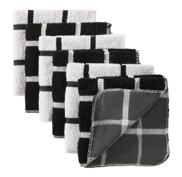 Master Chef Terry Checkered Dish Cloths with Scrubber, Black, 6-pk T1