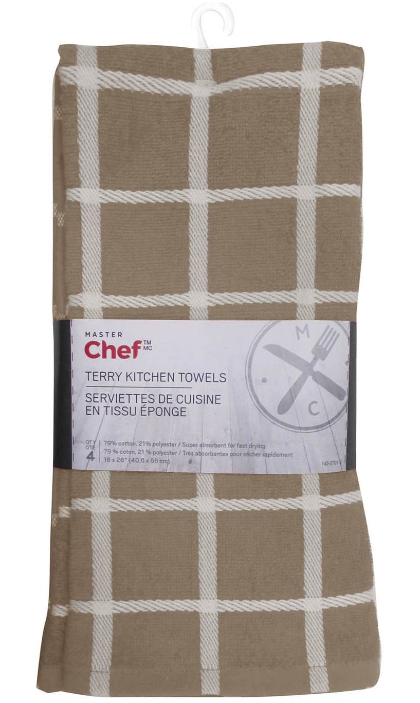 MASTER Chef Terry Cotton Checkered Kitchen Towels, Reusable, 16-in x 26-in, 4-pk, Brown/White