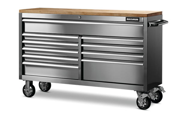 MAXIMUM Butcher Block Top Rolling Tool Storage Cabinet with 10 Drawers, Stainless Steel, 56-in P2