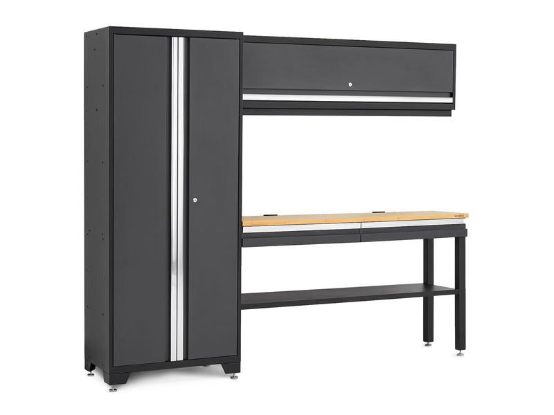 NewAge Bold 3.0 Series All-in-One Lockable Steel Garage Cabinetry Set with Bamboo Top, Grey, 90-in x 18-in x 72-in, 4-pc E1
