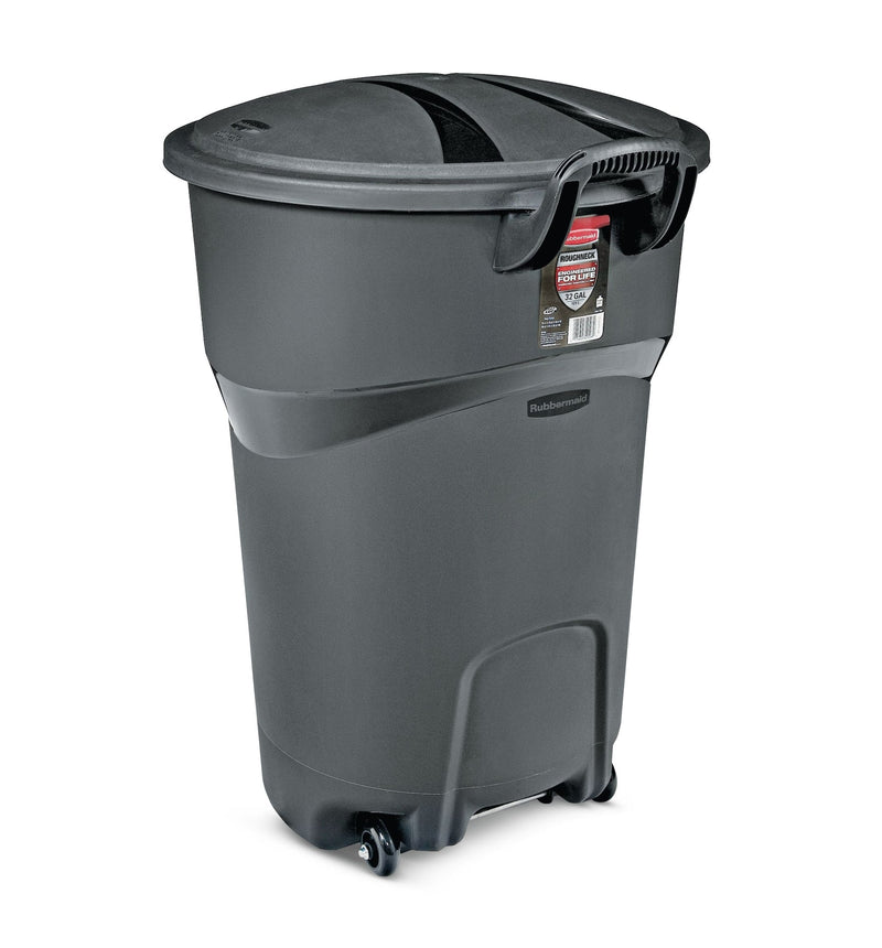 Rubbermaid Plastic Circular Wheeled Garbage Can with Handle, Black, 121-L N3