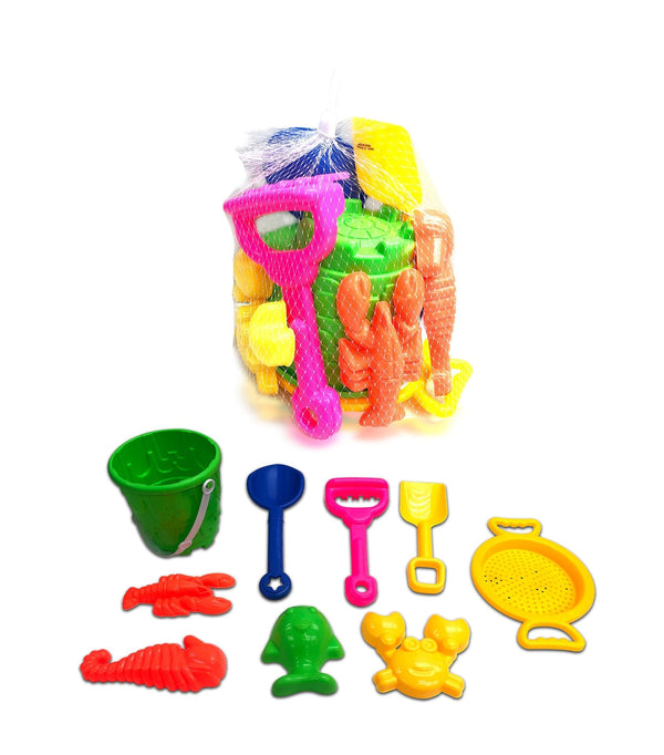 Sand Plastic Mold Toy Set with Bucket, Multi-Coloured, 9-pk, Ages 2+, for Summer/Beach Activities E2