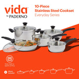 Vida by PADERNO Everyday Series Premium Stainless Steel Cookware Set, Dishwasher & Oven-Safe, 10-pc